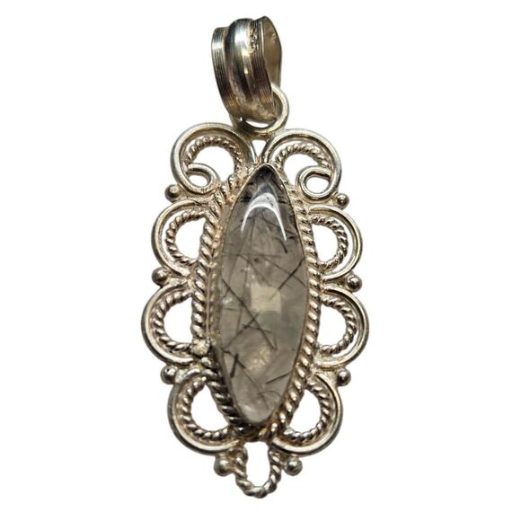 Vintage Rutilated Quartz Marquise Pendant 925 Sterling Silver Filigree - Picture 1 of 6